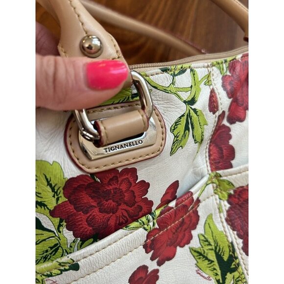 TIGNANELLO Bed of Roses Soft Leather Handbag Shoulder Bag Red Roses White Purse - Picture 6 of 13